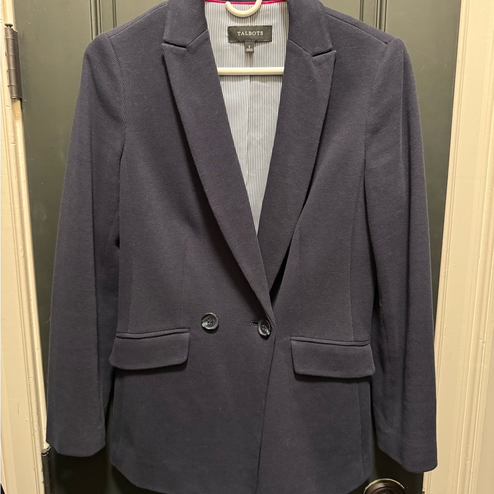 Talbots Dark Blue Navy Blazer Jacket with Striped Lining Size 2
